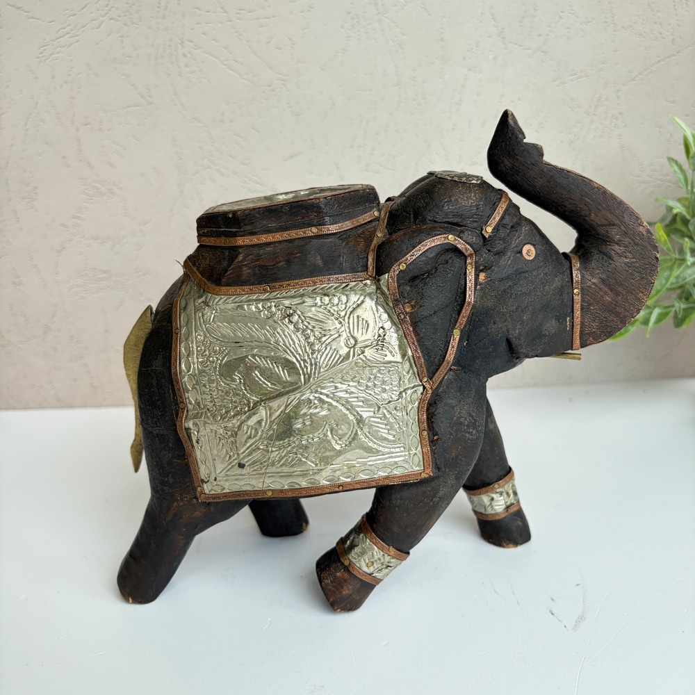 Vintage Hand Carved Wood Elephant Figurine Metal Overlay Embossed Decor 9in